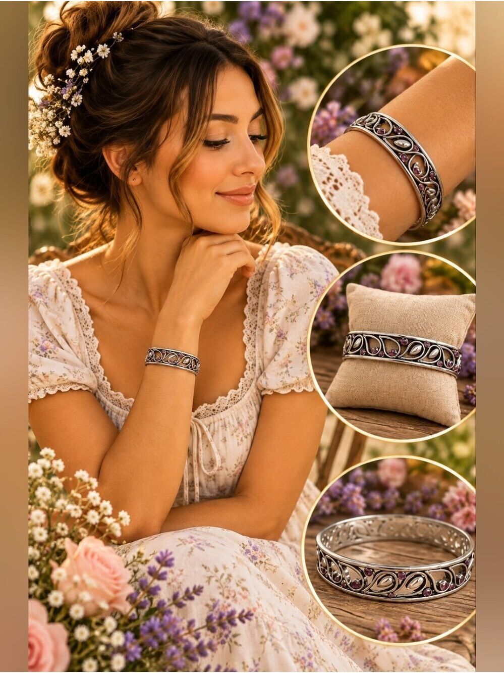 Silver Leaf Bracelet with Purple Rhinestones | Nature-Inspired Statement Cuff